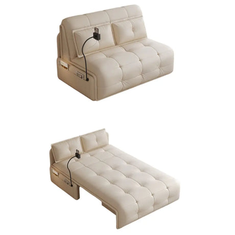 Storage Pocket Pillow Back White Tufted Convertible Futon Image - 2