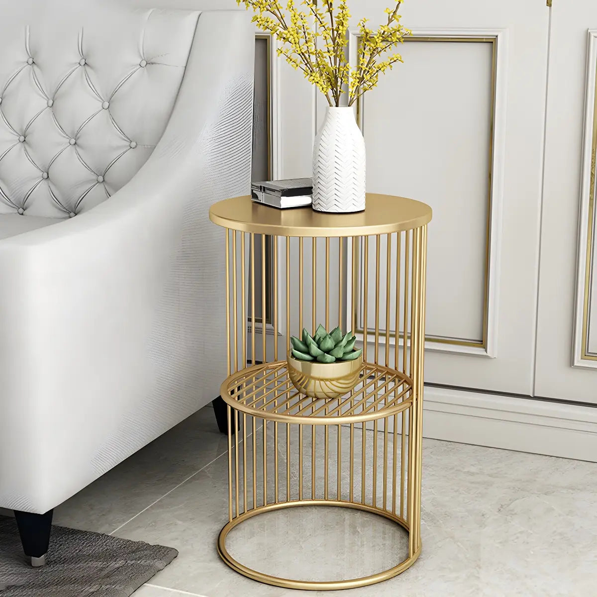 Storage Round Metal Frame Gold 2 Tiers Side Tables Image - 1