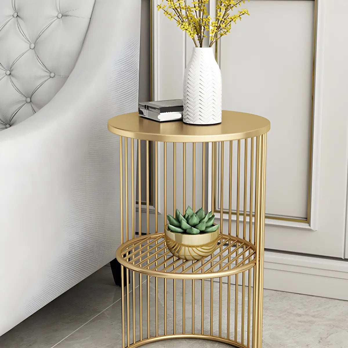 Storage Round Metal Frame Gold 2 Tiers Side Tables Image - 13