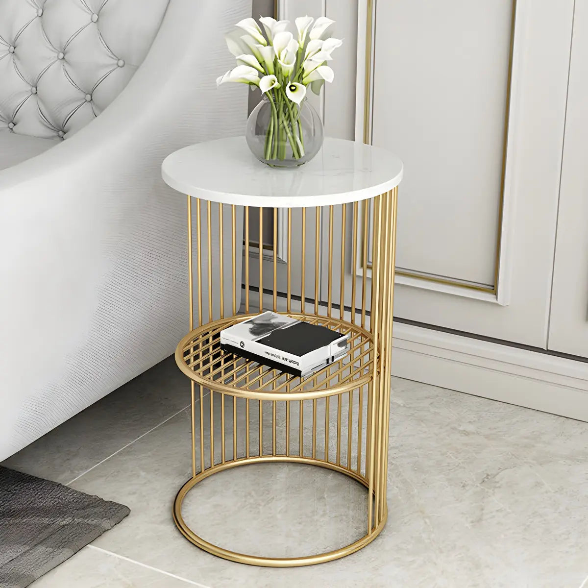 Storage Round Metal Frame Gold 2 Tiers Side Tables Image - 3