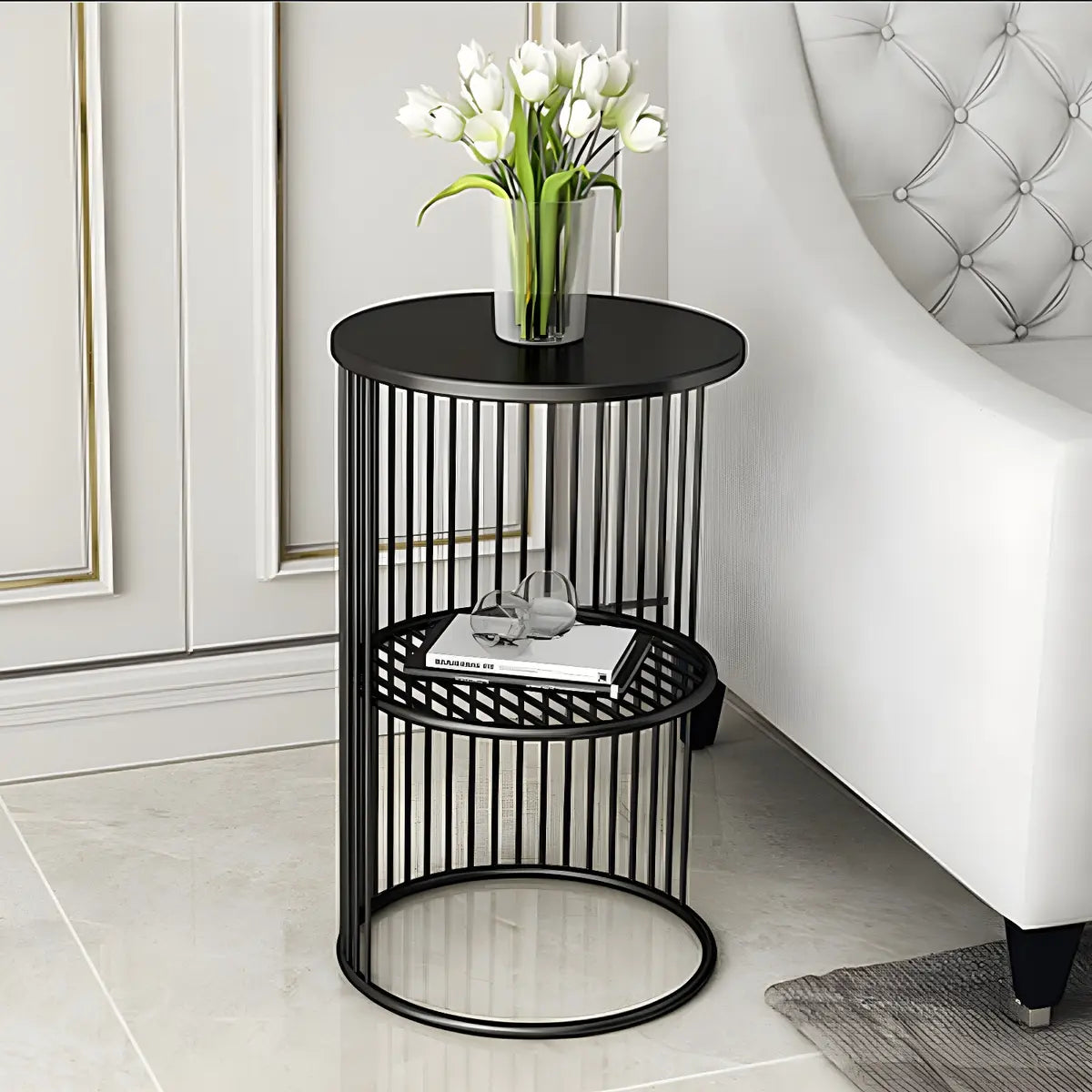 Storage Round Metal Frame Gold 2 Tiers Side Tables Image - 7