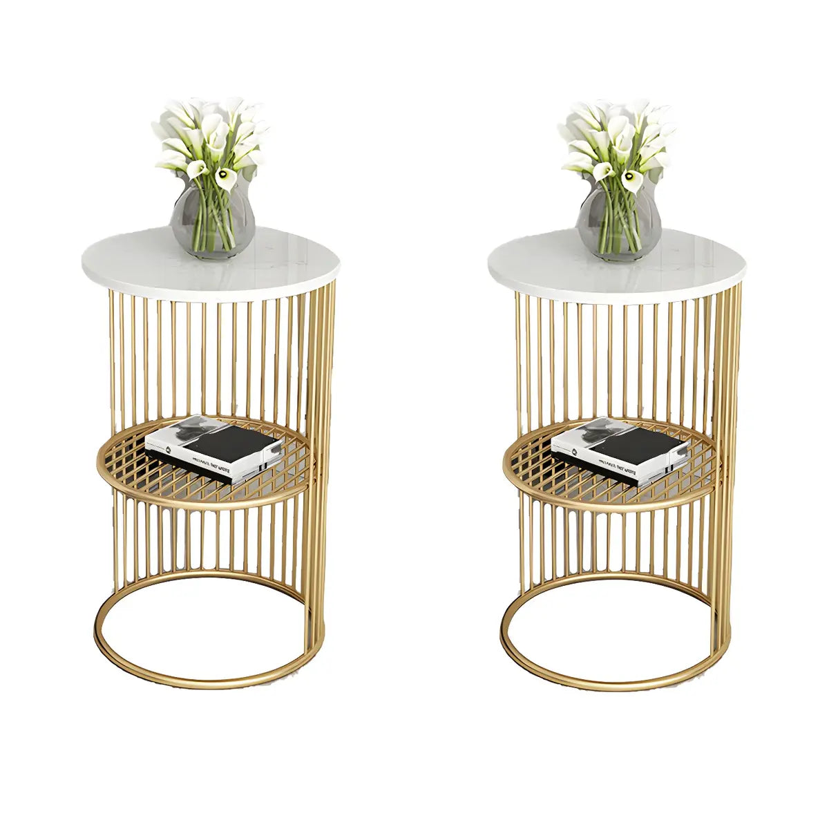 Storage Round Metal Frame Gold 2 Tiers Side Tables Image - 8