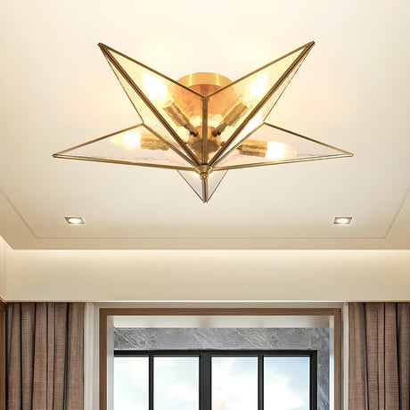 Study Room Colonial Brass Star Glass Flush Mount Light Image - 2