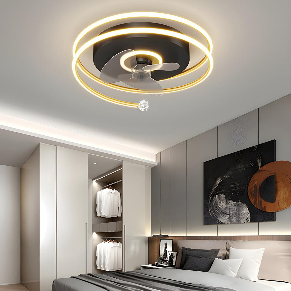 Stylish 3-Blade Circular Ceiling Fan with LED Light Image - 2