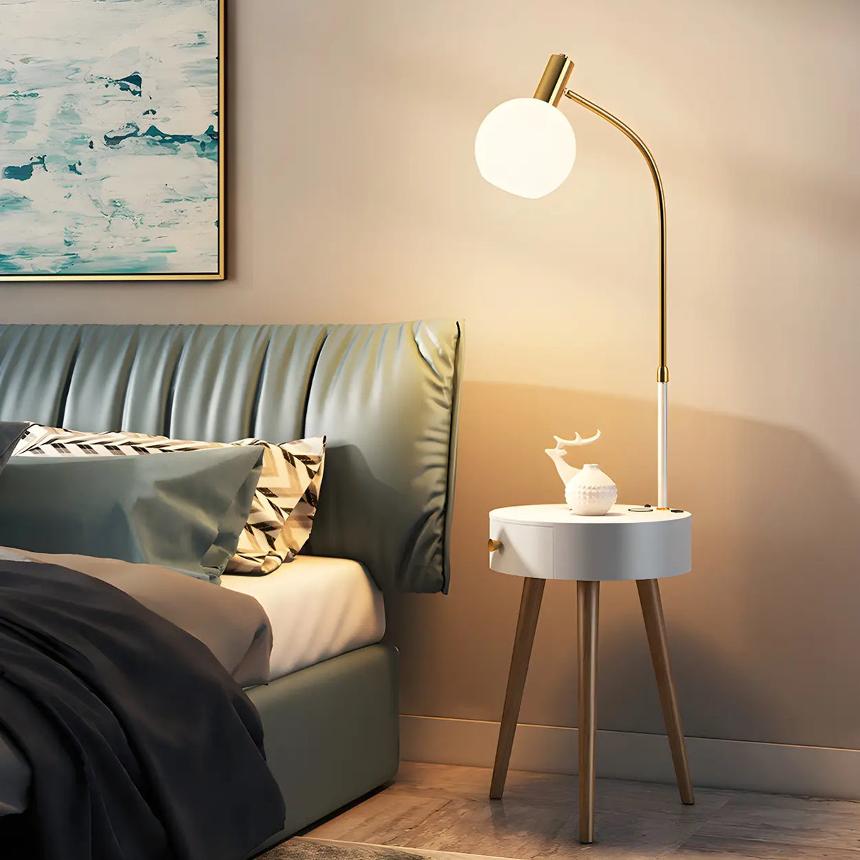 Stylish Bedside Globe Floor Lamp with Integrated Table Image - 1