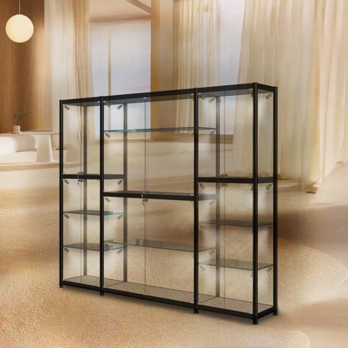 Stylish Black Clear Glass Adjustable Display Cabinet Image - 13