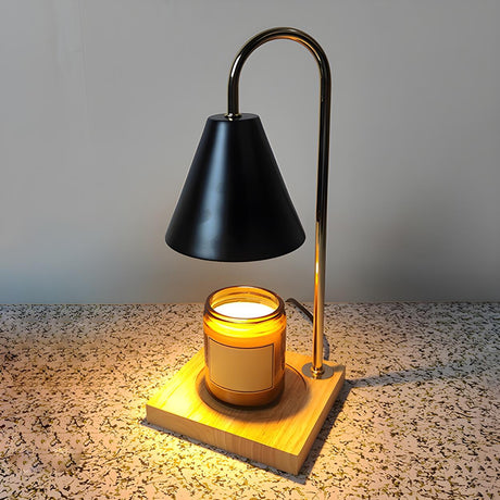 Stylish Black Cone Shade Wood Candle Warmer Table Lamp Image - 2