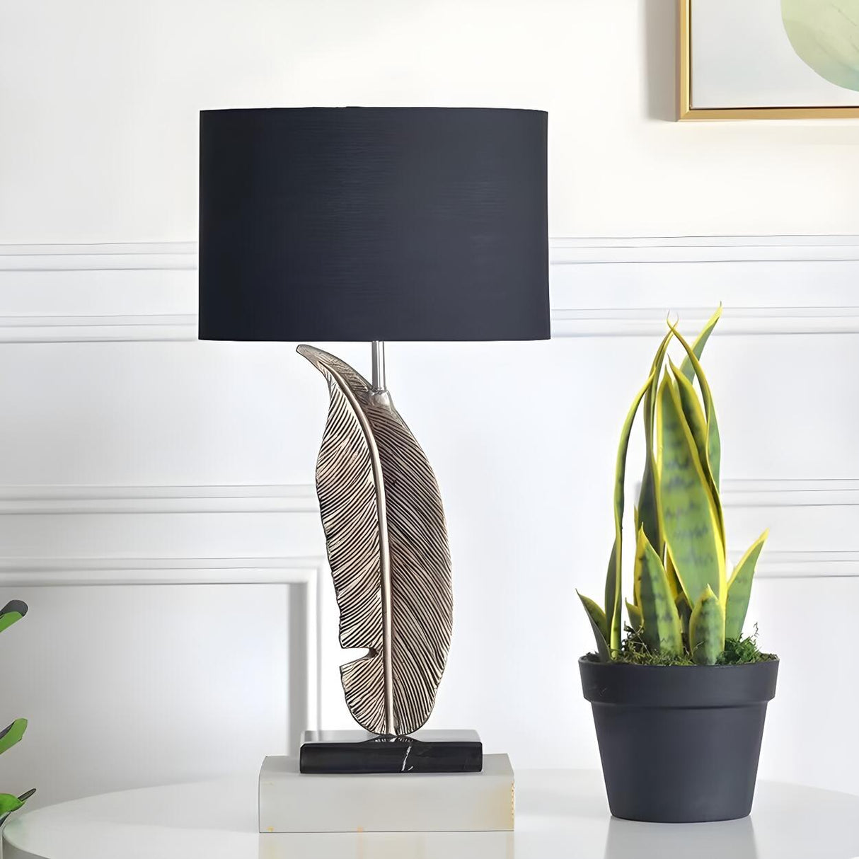 Stylish Black Drum Shade Chic Feather Base Table Lamp Image - 15