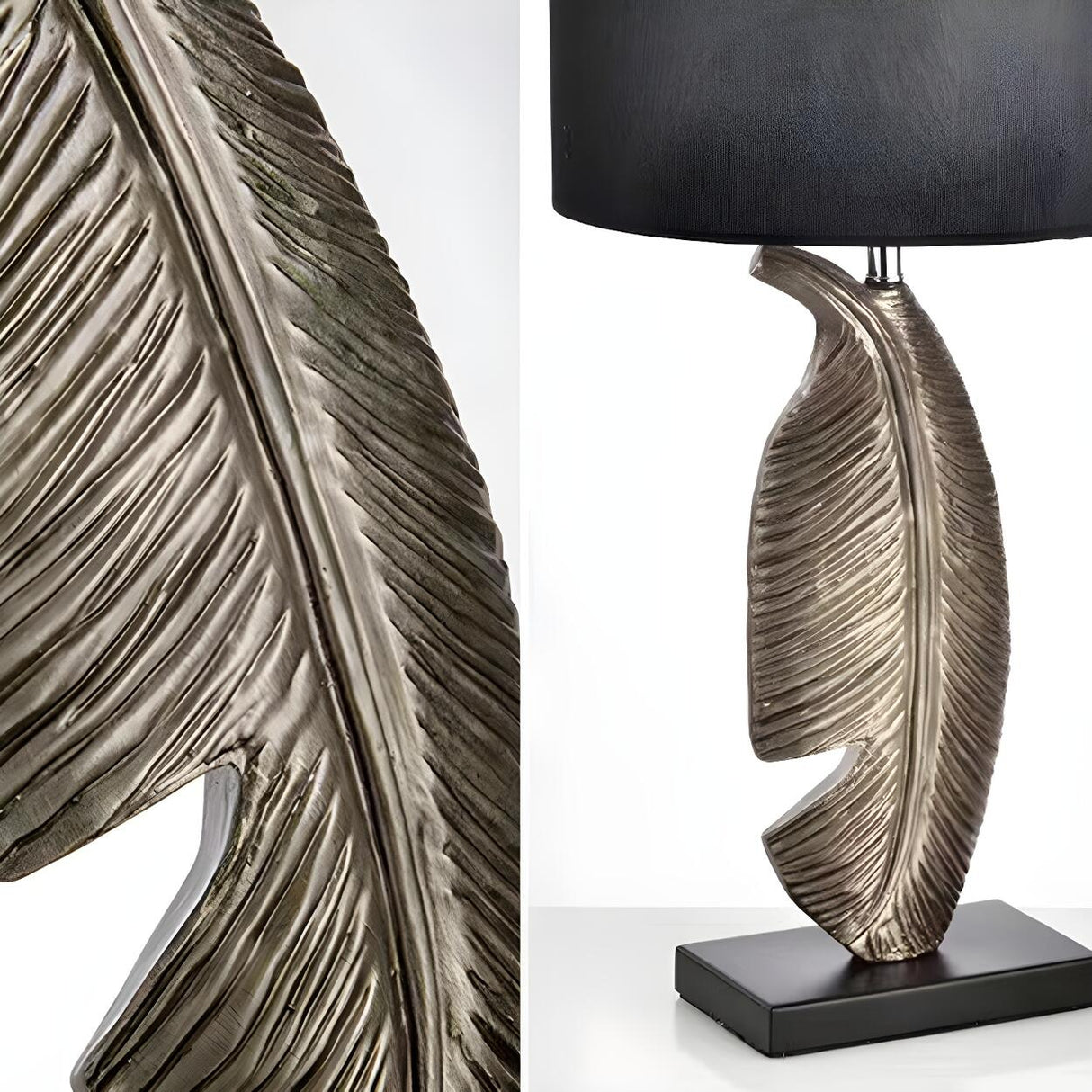 Stylish Black Drum Shade Chic Feather Base Table Lamp Image - 5