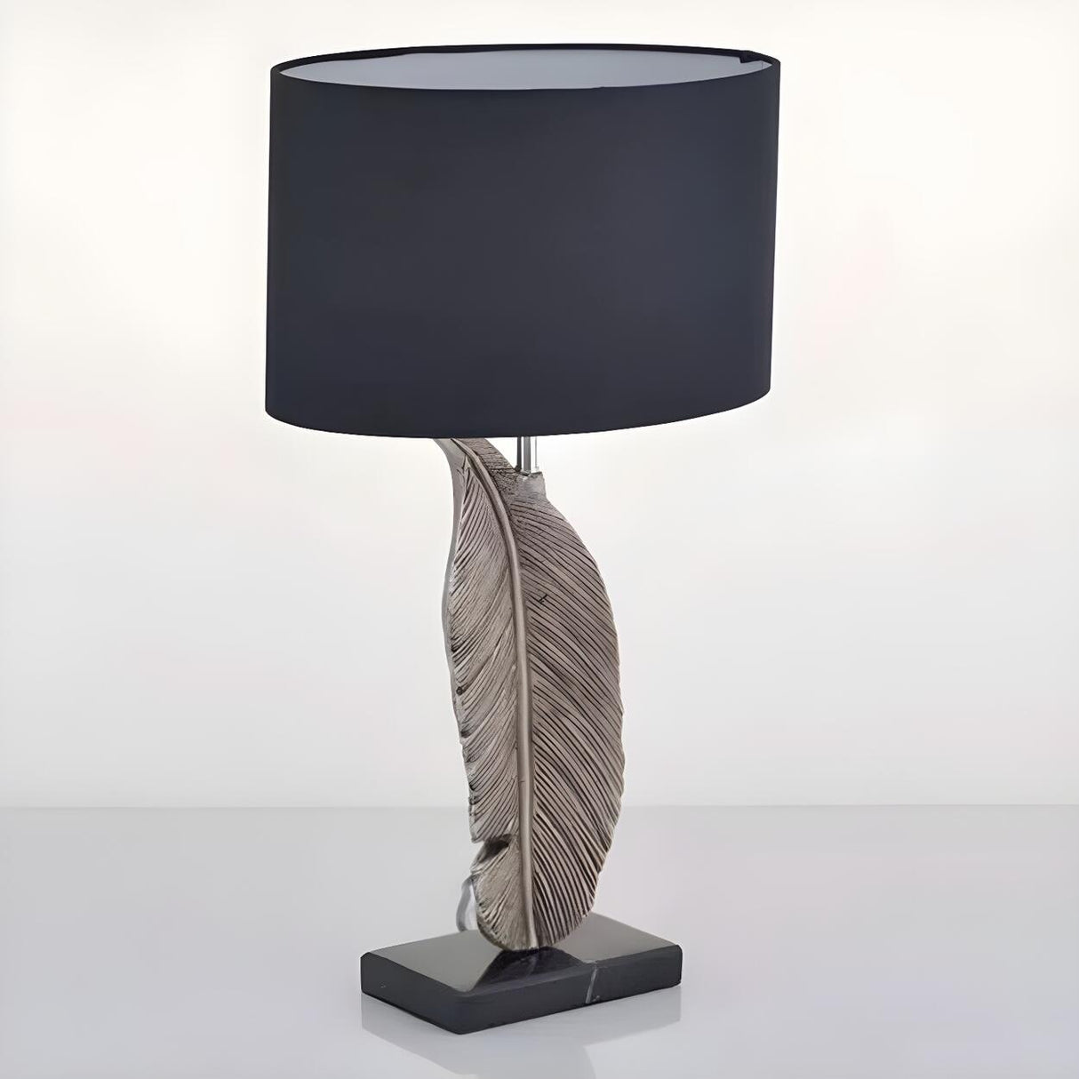 Stylish Black Drum Shade Chic Feather Base Table Lamp Image - 8