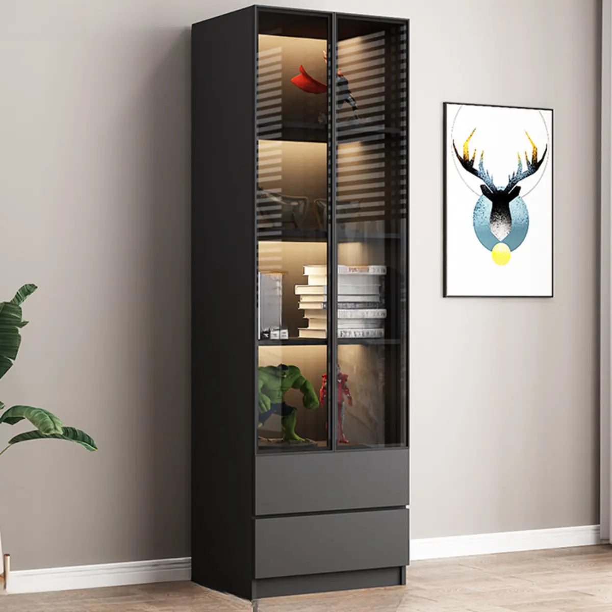 Stylish Black Living Room Glass Door Display Cabinet Image - 11