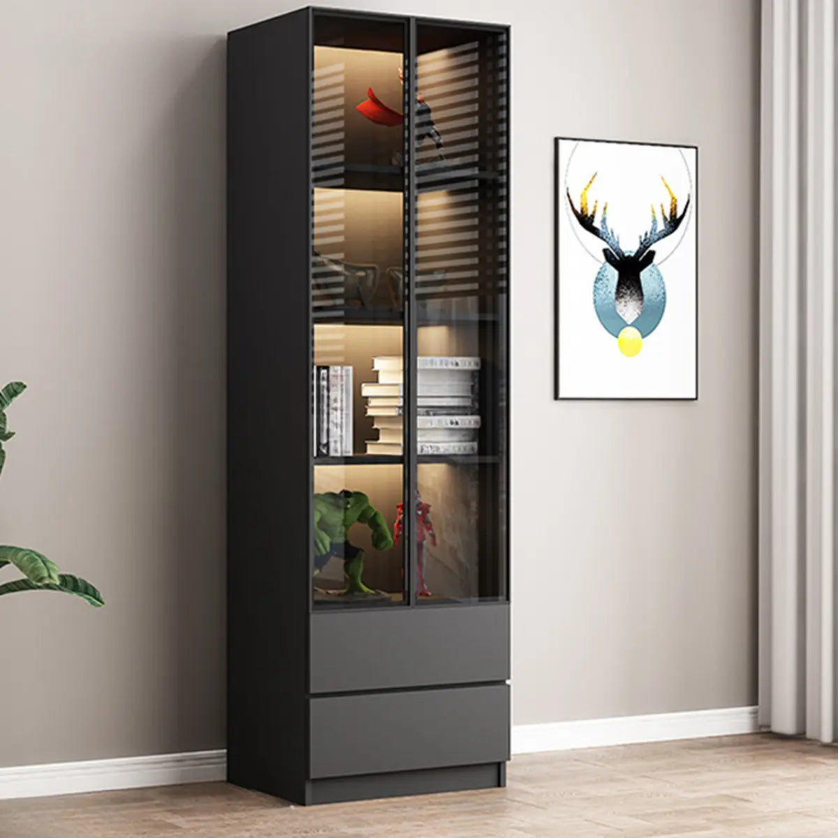 Stylish Black Living Room Glass Door Display Cabinet Image - 13