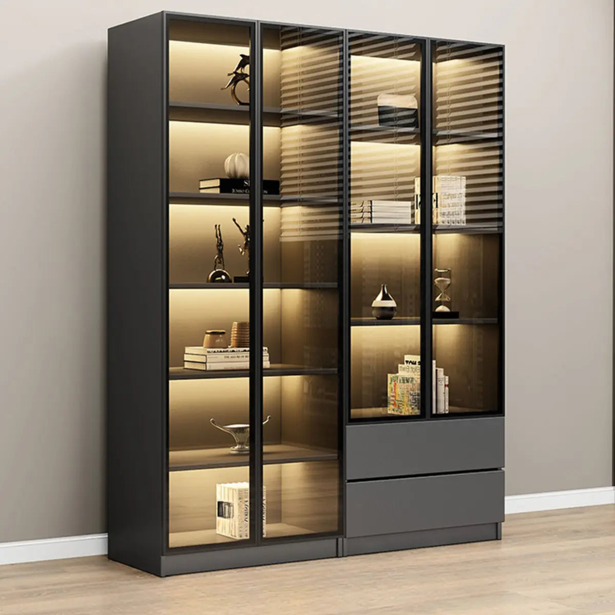 Stylish Black Living Room Glass Door Display Cabinet Image - 2