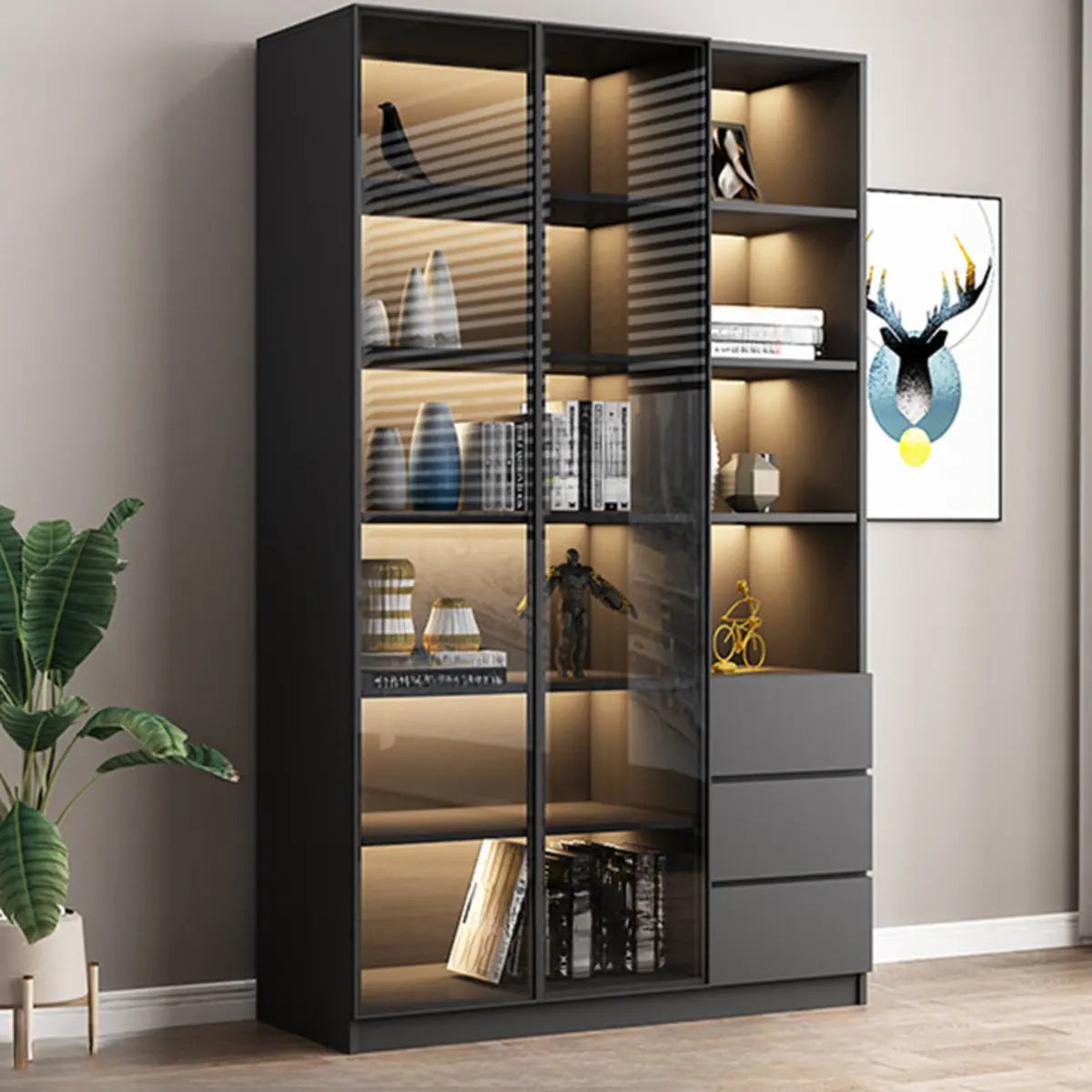 Stylish Black Living Room Glass Door Display Cabinet Image - 5