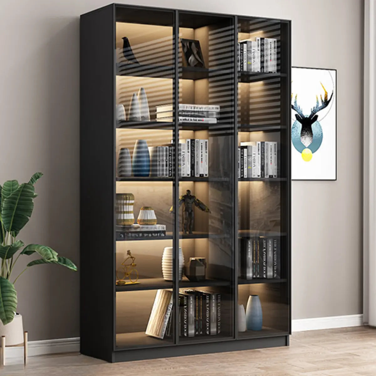 Stylish Black Living Room Glass Door Display Cabinet Image - 8