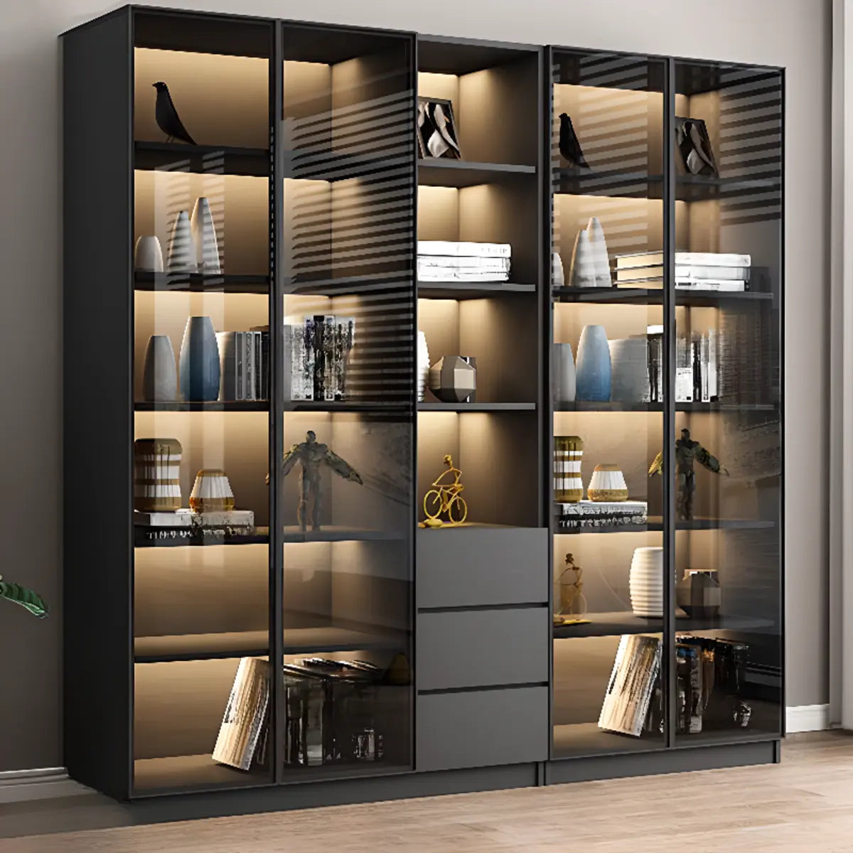 Stylish Black Metal Large Multi-Shelf Display Cabinet Image - 12