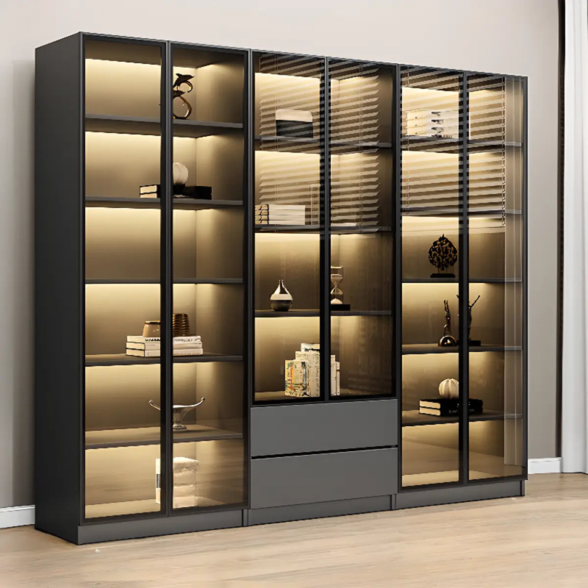 Stylish Black Metal Large Multi-Shelf Display Cabinet Image - 27