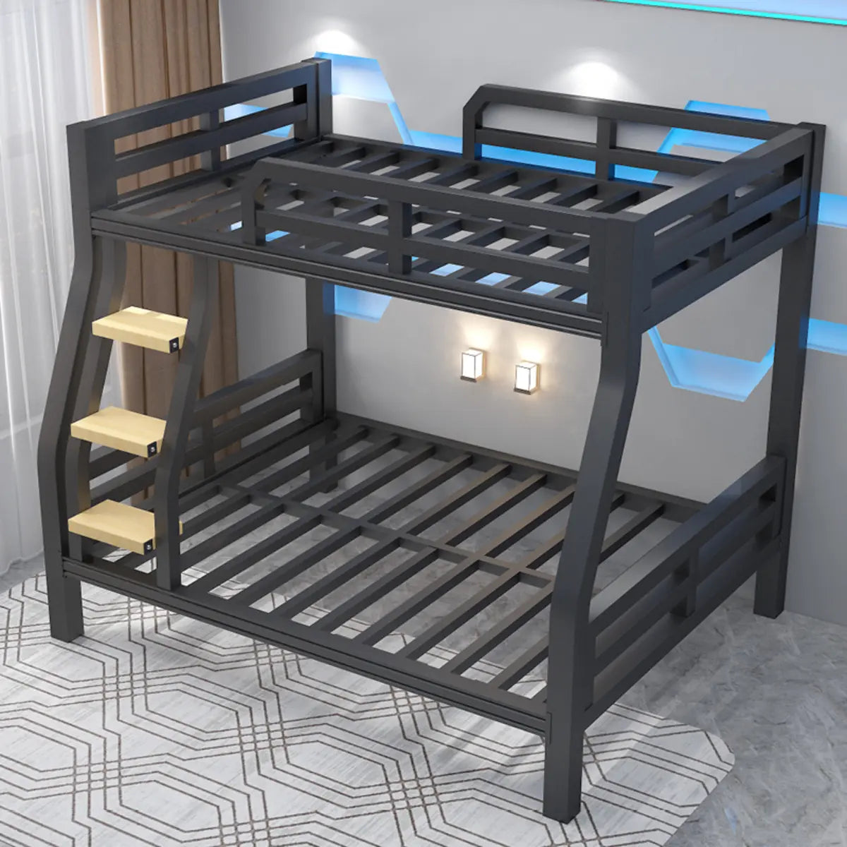 Stylish Black Metal Twin Bunk Bed Frame with Guardrail Image - 4