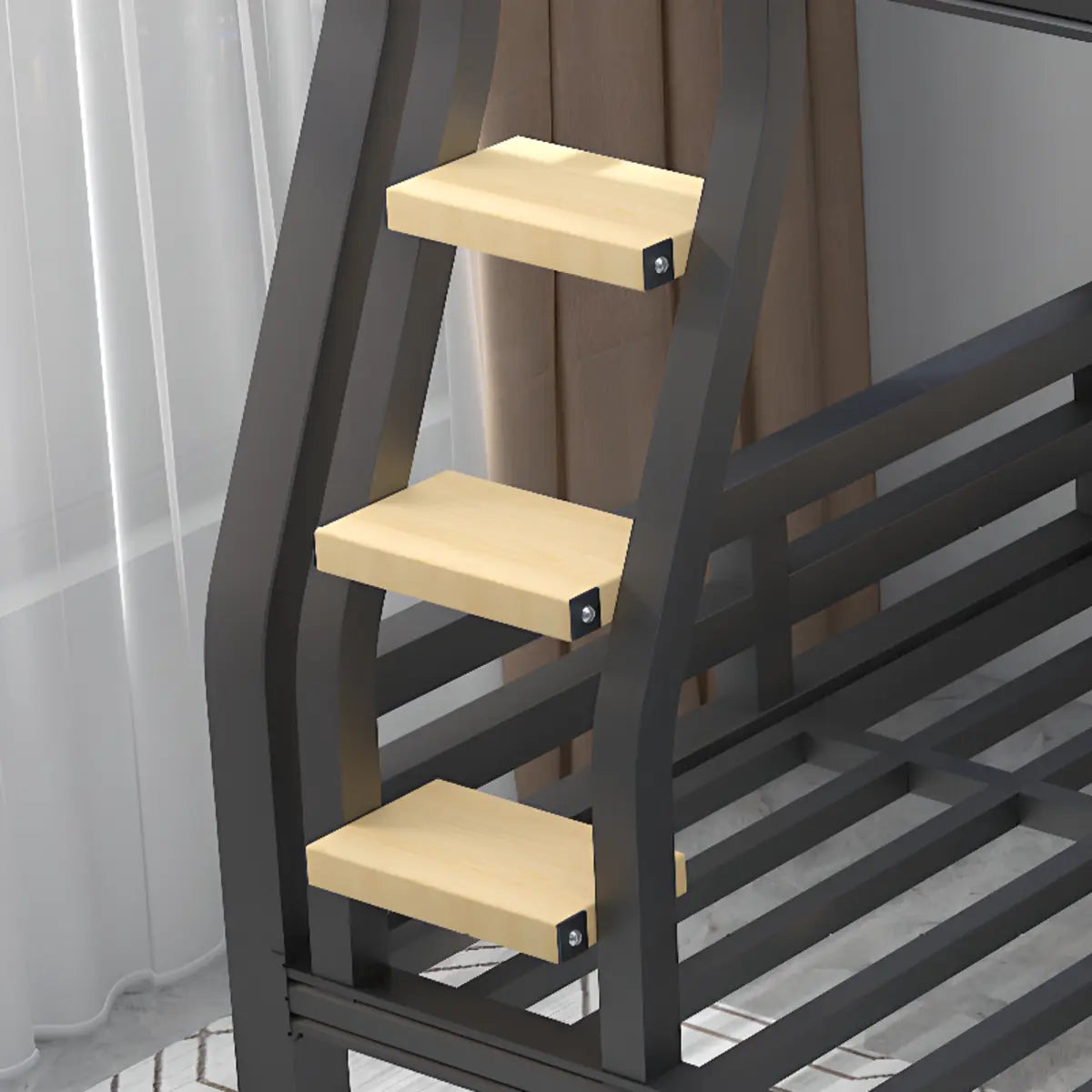 Stylish Black Metal Twin Bunk Bed Frame with Guardrail Image - 7