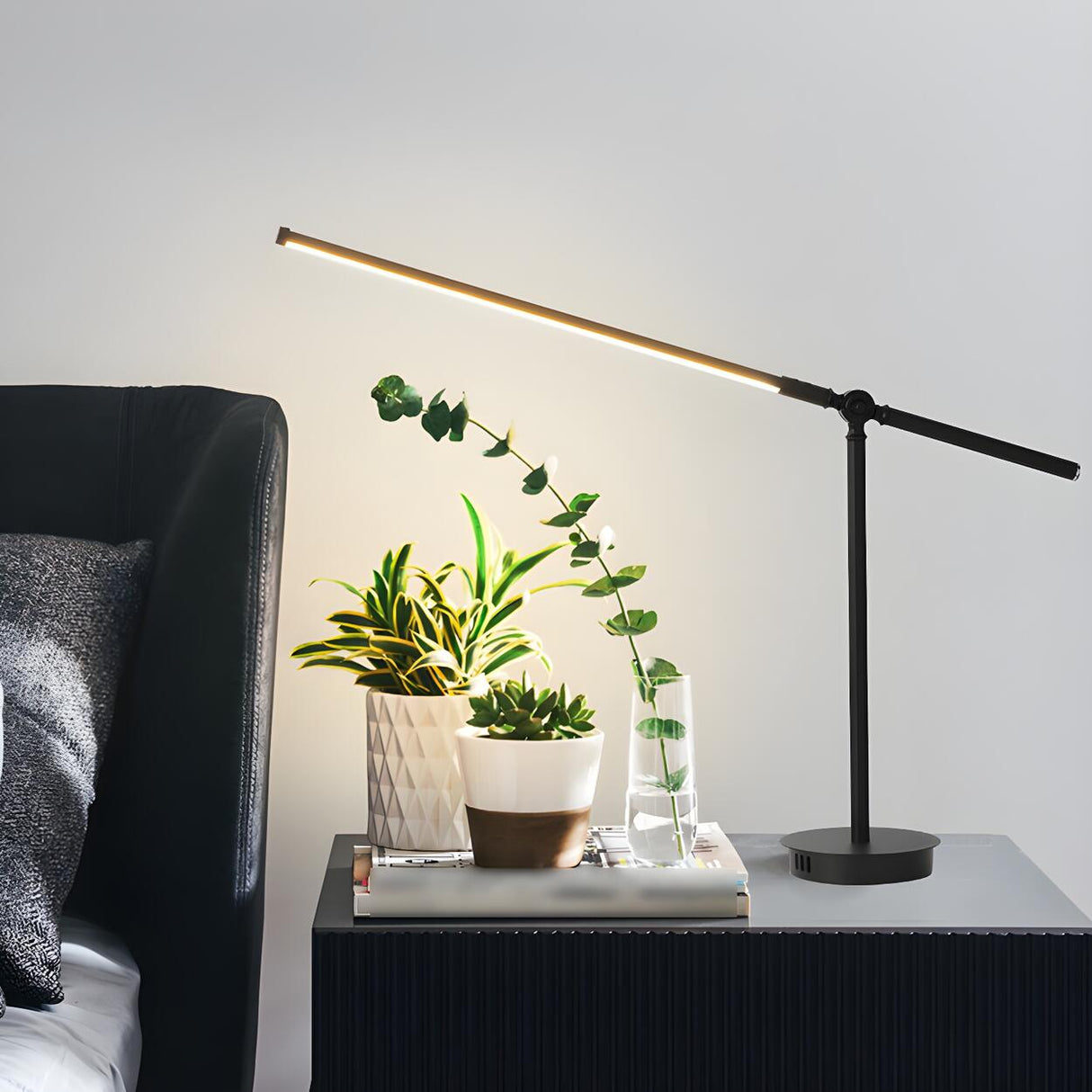 Stylish Black Modern Linear Metal Bedroom Table Lamp Image - 15