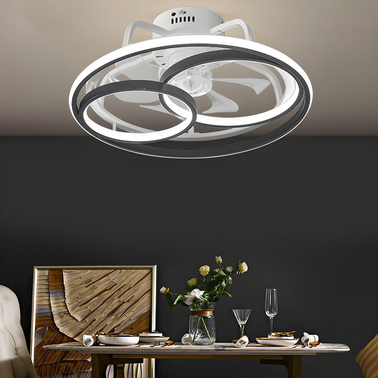 Stylish Black Multi-Ring LED Ceiling Fan with Light Image - 2