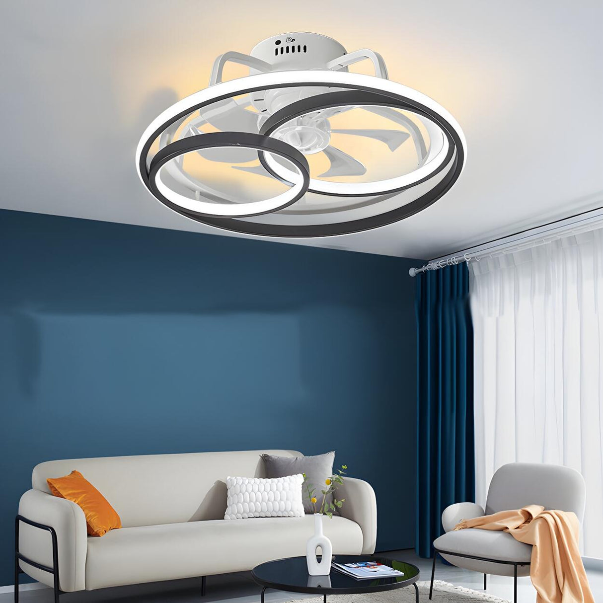 Stylish Black Multi-Ring LED Ceiling Fan with Light Image - 3