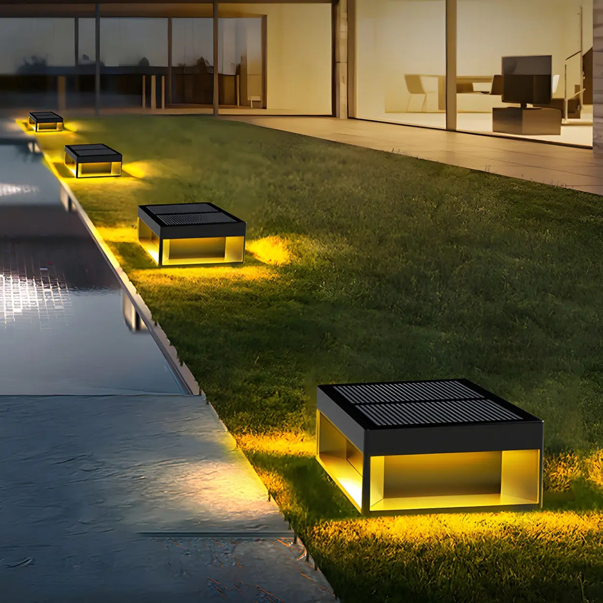 Stylish Black Solar Rectangular Cube Metal Outdoor Lamp Image - 3