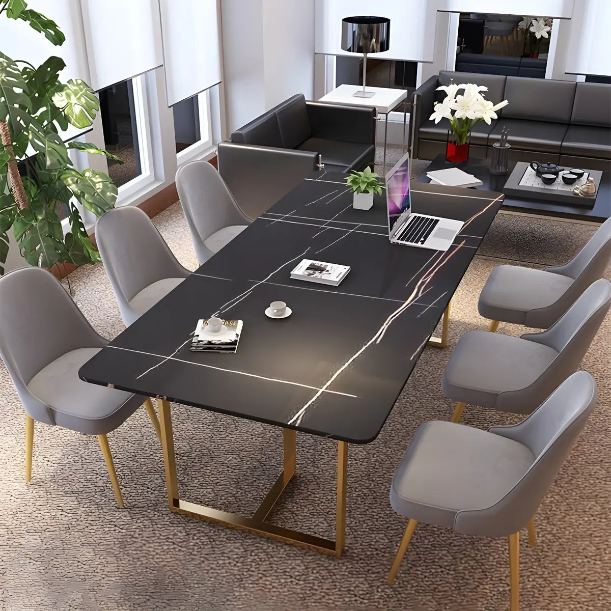 Stylish Black Stone Steel Sled Conference Table for Six Image - 3