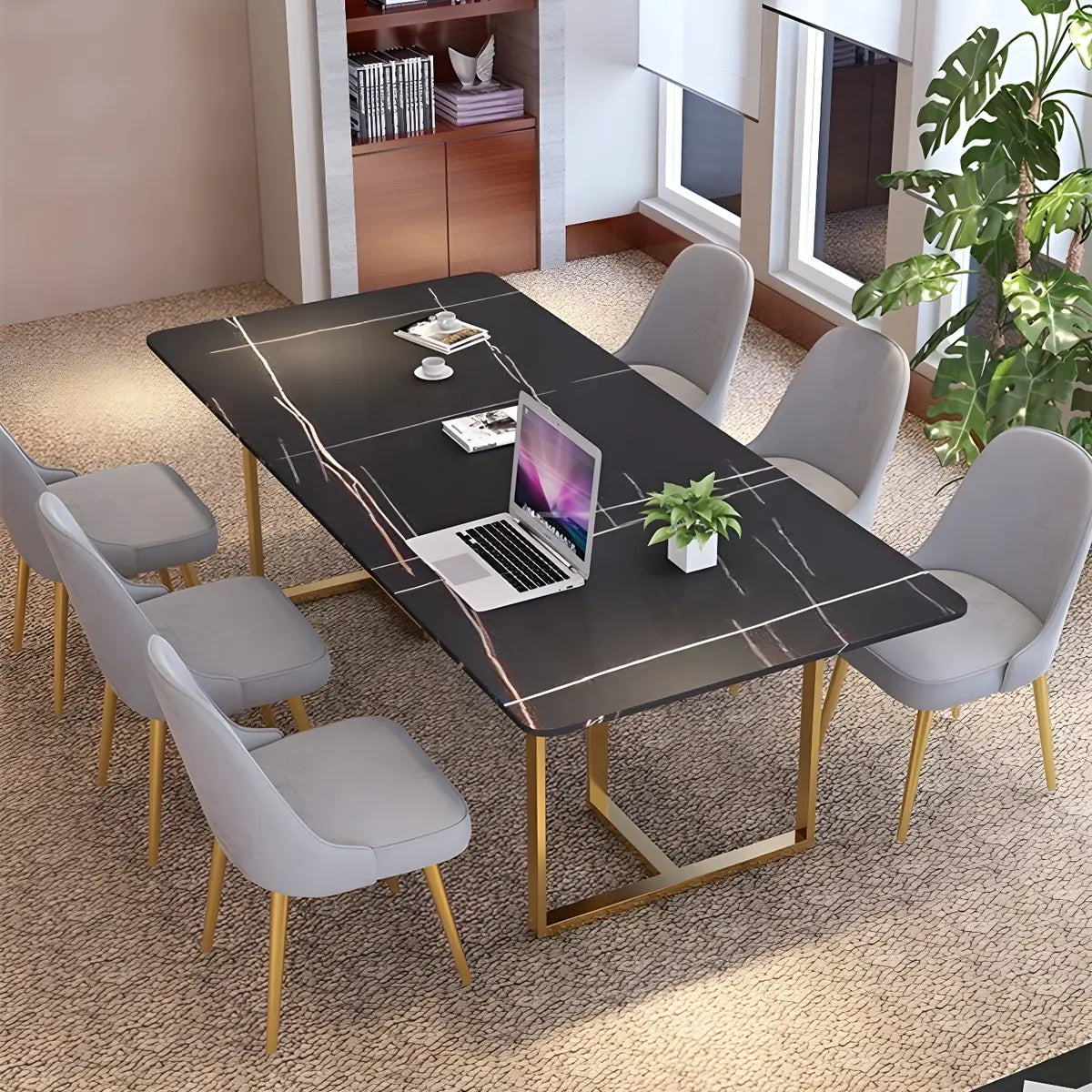 Stylish Black Stone Steel Sled Conference Table for Six Image - 4