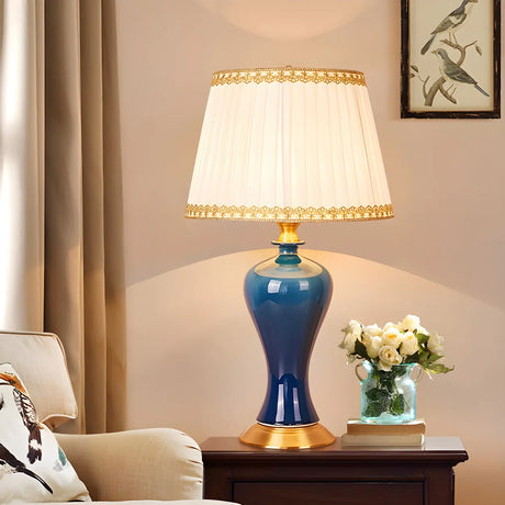 Stylish Blue Vase Ceramic Base Fabric Shade Table Lamp Image - 2