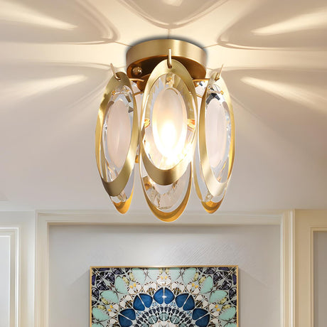 Stylish Brass Oval Crystal Semi-Flush Mount Light Image - 1