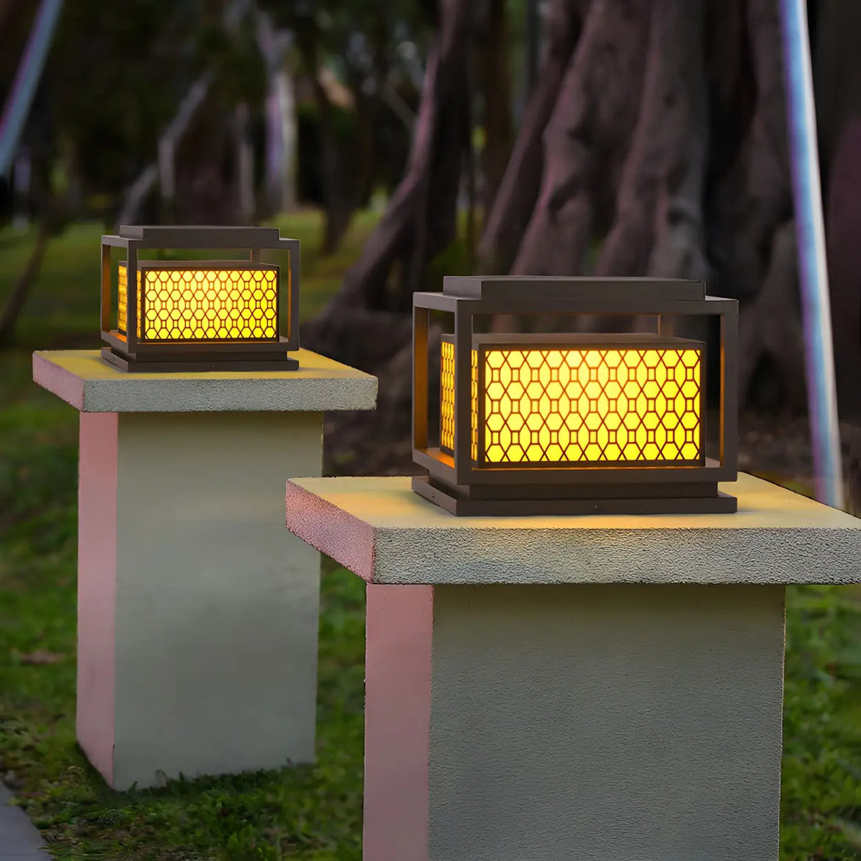 Stylish Bronze Finish Metal Square Outdoor Post Lamp Image - 1