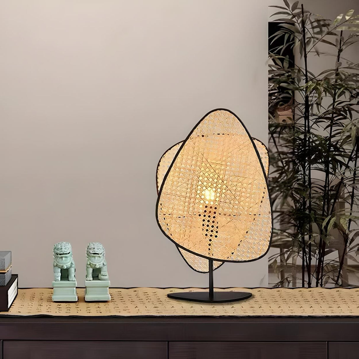 Stylish Brown Geometric Rattan Shade Bedroom Table Lamp Image - 10