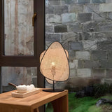 Stylish Brown Geometric Rattan Shade Bedroom Table Lamp Image - 12