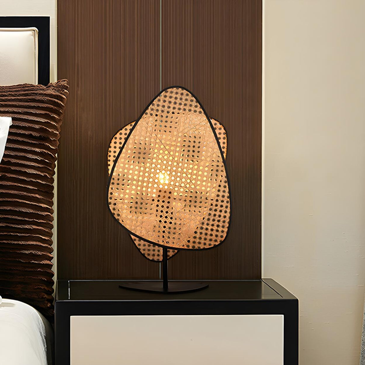 Stylish Brown Geometric Rattan Shade Bedroom Table Lamp Image - 13