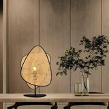 Stylish Brown Geometric Rattan Shade Bedroom Table Lamp Image - 15