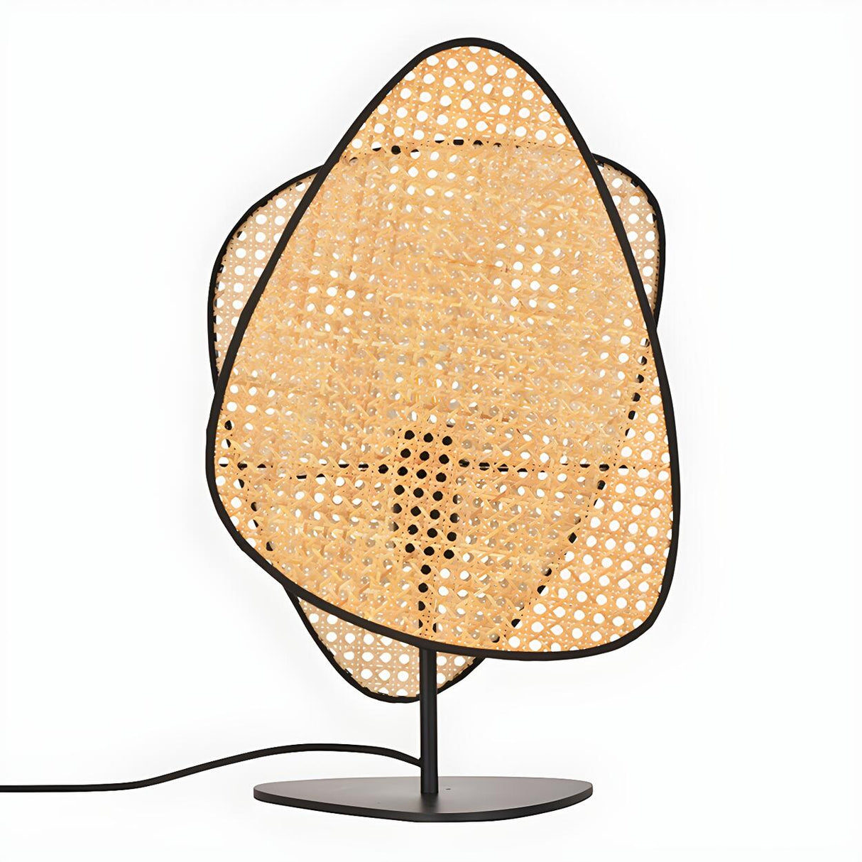 Stylish Brown Geometric Rattan Shade Bedroom Table Lamp Image - 2