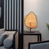 Stylish Brown Geometric Rattan Shade Bedroom Table Lamp Image - 4