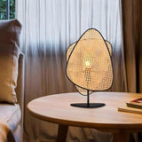 Stylish Brown Geometric Rattan Shade Bedroom Table Lamp Image - 5