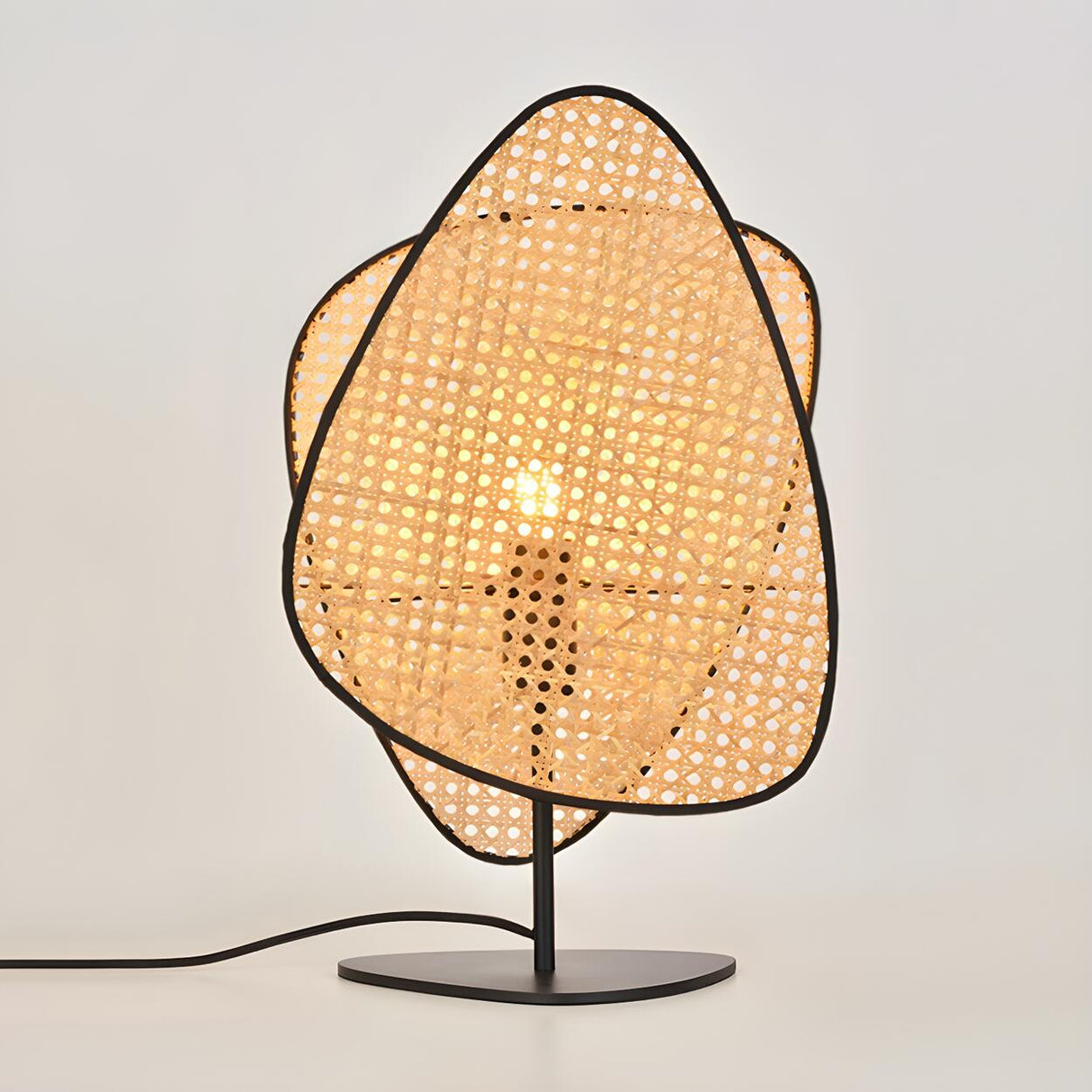 Stylish Brown Geometric Rattan Shade Bedroom Table Lamp Image - 7