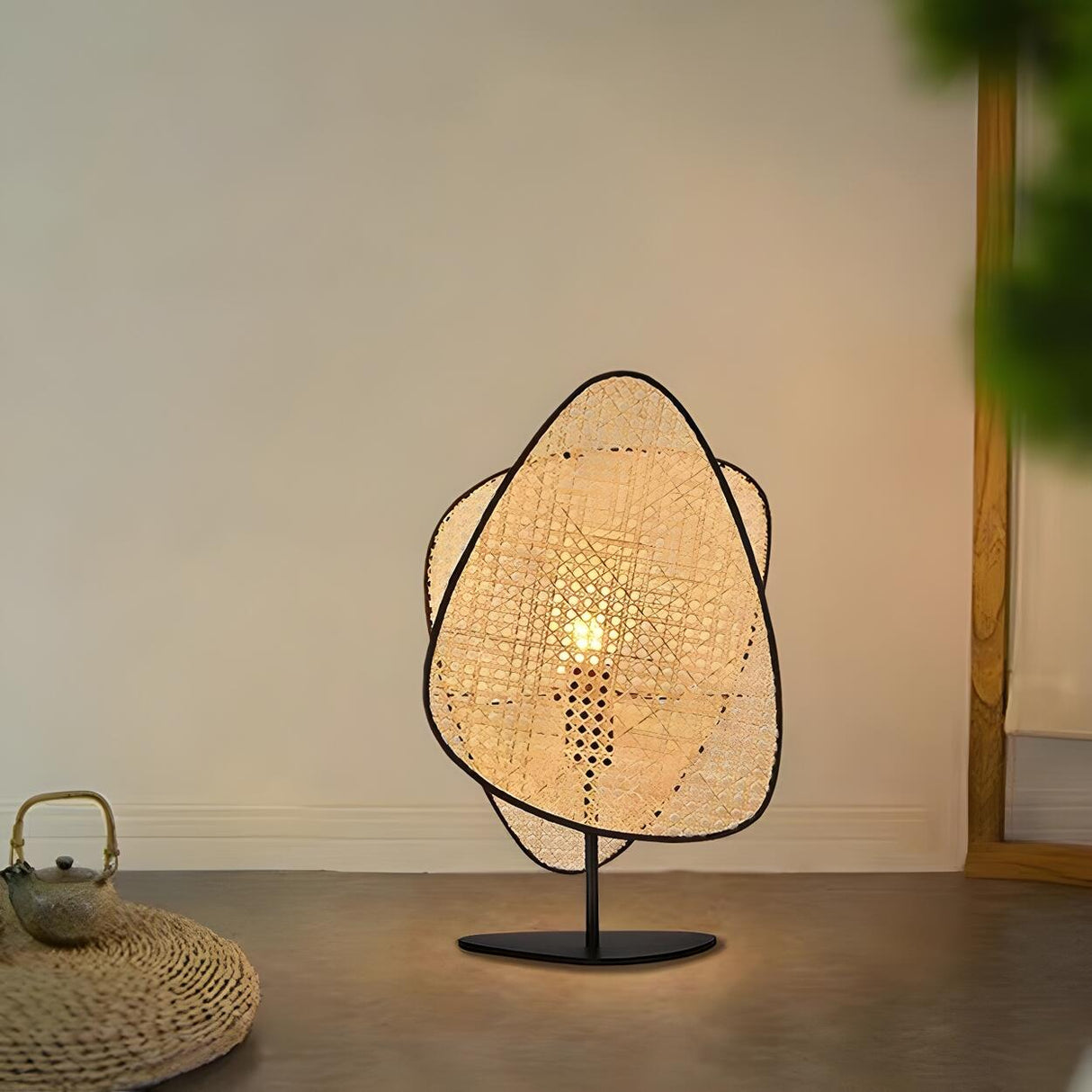 Stylish Brown Geometric Rattan Shade Bedroom Table Lamp Image - 9