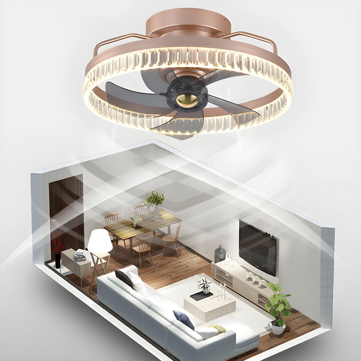 Stylish Circular Flush Mount Ceiling Fan with Light Image - 18