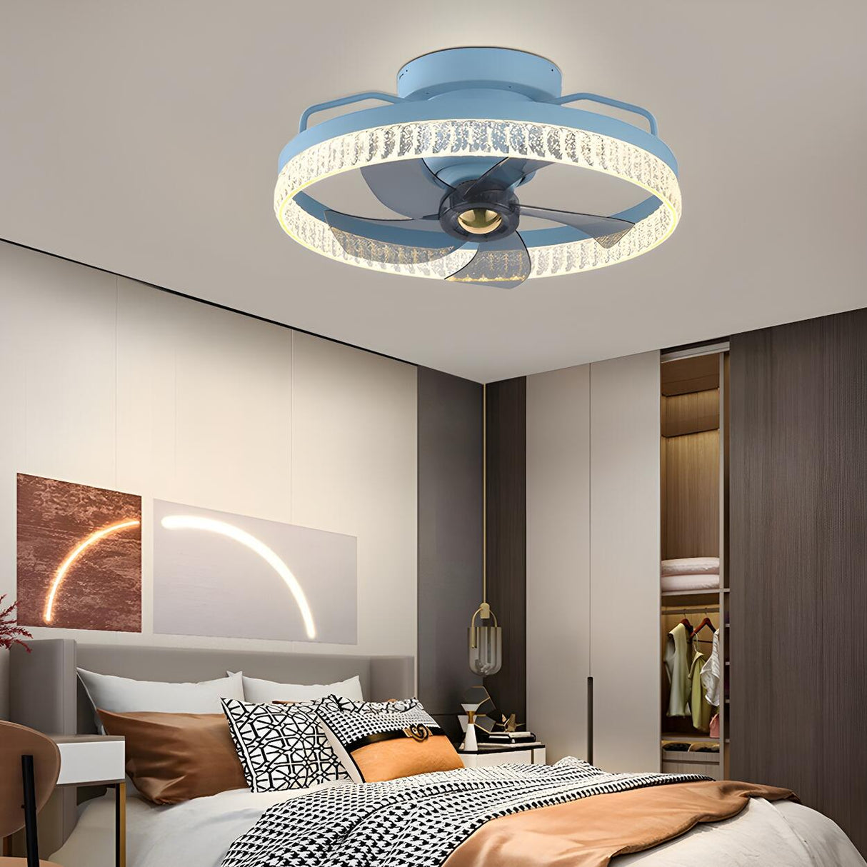 Stylish Circular Flush Mount Ceiling Fan with Light Image - 6