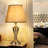 Stylish Classic Gold Fabric Drum Bedside Counter Lamp Image - 2