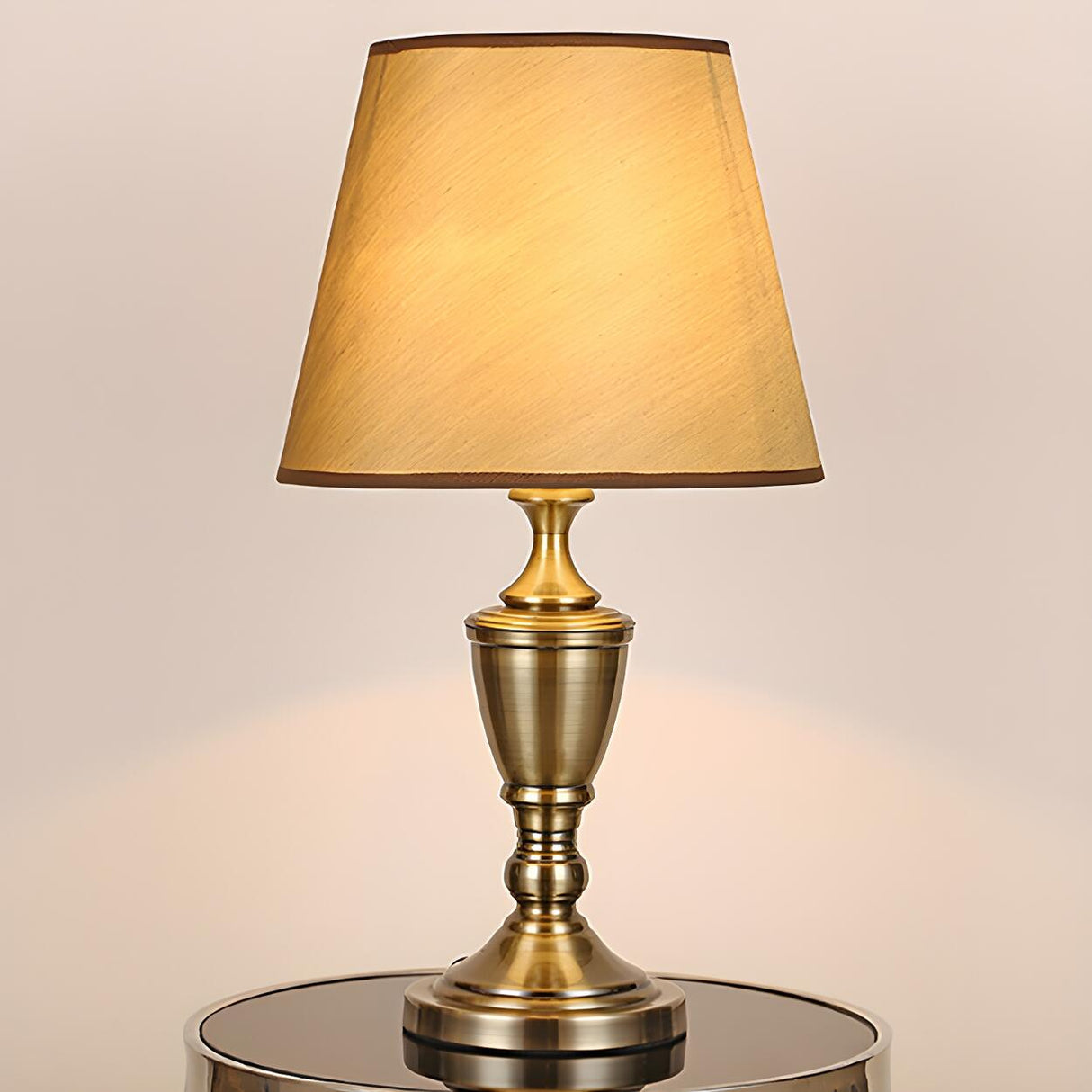 Stylish Classic Gold Fabric Drum Bedside Counter Lamp Image - 3