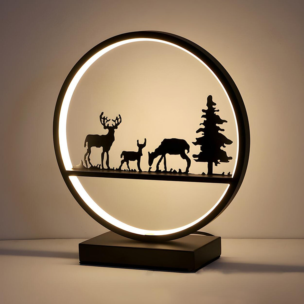 Stylish Couple Silhouette Black Circular Table Lamp Image - 2