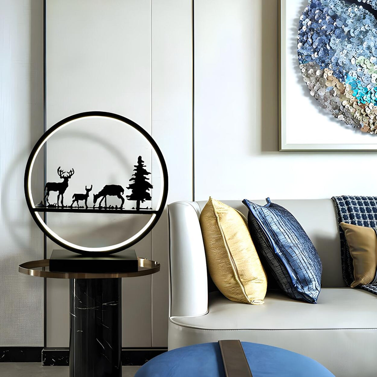 Stylish Couple Silhouette Black Circular Table Lamp Image - 7