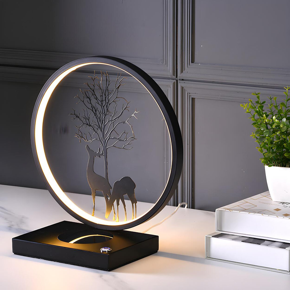 Stylish Creative Deer Silhouette Circle Table Lamp Image - 12