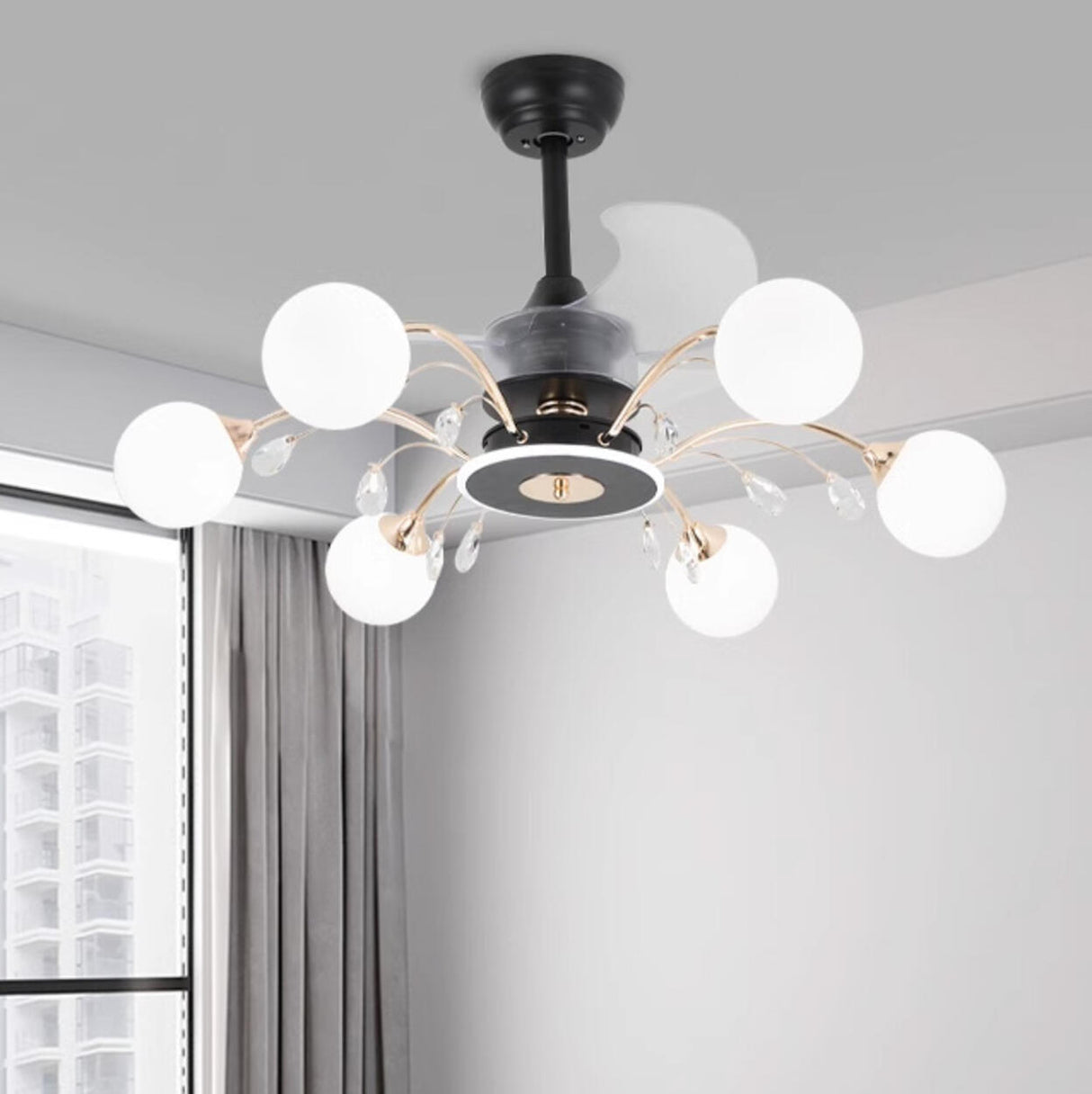 Stylish Crystal Accent Globe Shade Chandelier Fan Light Image - 3