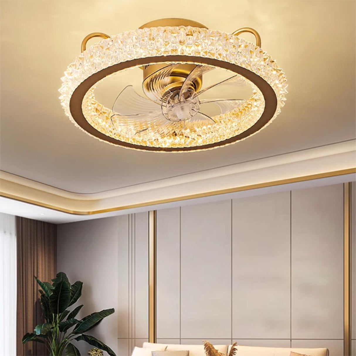 Stylish Crystal Flush Circle Ceiling Fan with Light Image - 3